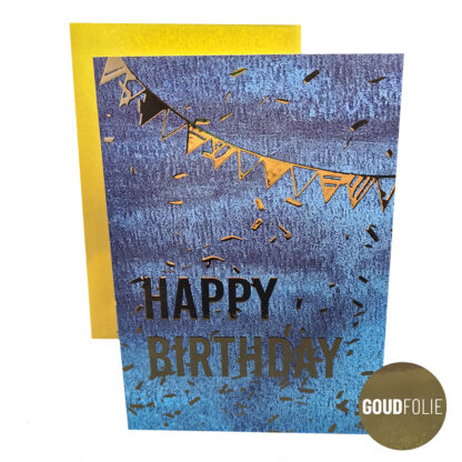 Happy Birthday - blauw - Luxe dubbele goudfolie wenskaart