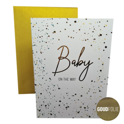 Luxe dubbele goudfolie wenskaart – Baby on the way met stipjes